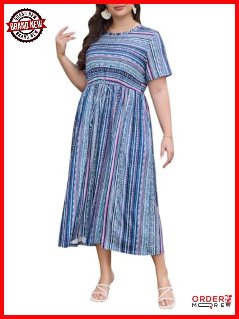 Plus Size Maxi Dress Empire Waist V-Neck 3/4 Sleeve With Pockets Boho Floral